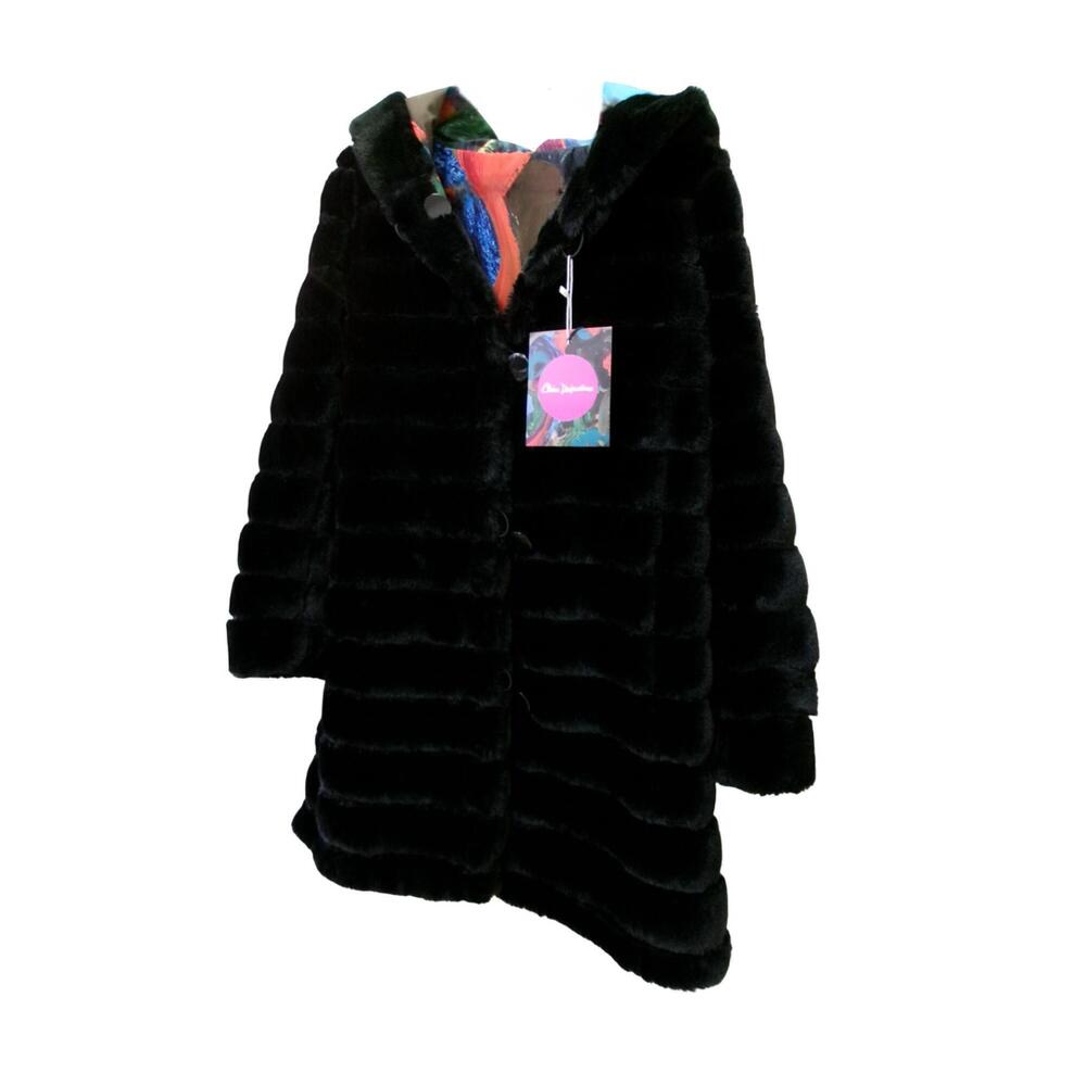 NEW CLAIRE DESJARDINS women's reversible coat in blue/red/black